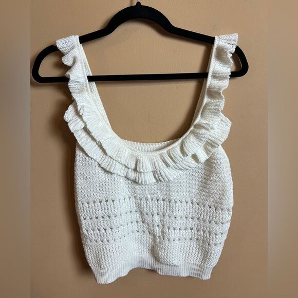 7 For All Mankind Size Small Cream Boho Crochet Ruffle Cropped Tank Top - Picture 2 of 6